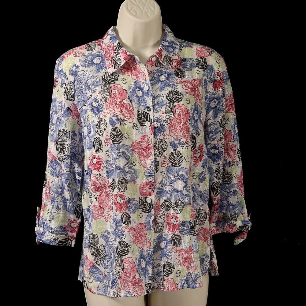 JM Collection Womens Button Front Shirt 8 Semi-Sheer Floral Pink Blue Green EUC